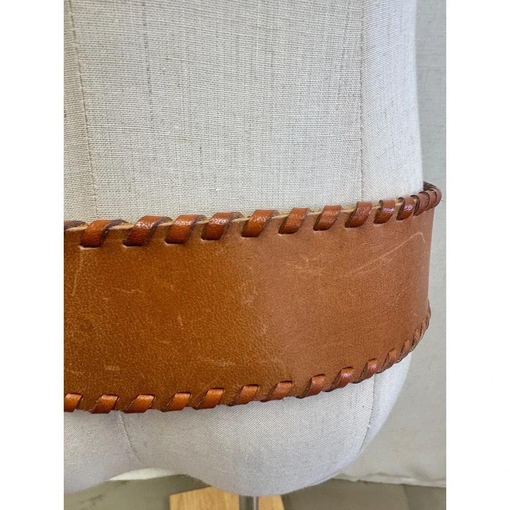Unbranded Leather Whipstitch Double Buckle Wide Waist Belt Brown Boho